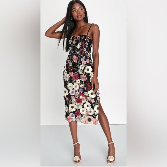 Lulus Dresses & Skirts - Lulus Thriving Energy Black 3D Floral Embroidered Lace-Up Midi Dress